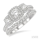 1 1/4 Ctw Diamond Wedding Set With 1 Ct Triple Cushion Shape Past, Present & Future Engagement Ring and 1/4 Ct Curved Wedding Band in 14K White Gold