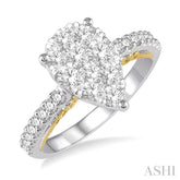 1 1/10 Ctw Round Diamond Lovebright Pear Shape Vintage-Inspired Engagement Ring in 14K White and Yellow Gold