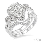 1 1/6 Ctw Lovebright Round Cut Diamond Wedding Set With 1 Ctw Pear Shape Floral Shank Engagement Ring and 1/5 Ctw Wedding Band in 14K White Gold
