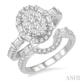 1 1/3 Ctw Lovebright Baguette & Round Cut Diamond Wedding Set With 1 Ctw Oval Shape Engagement Ring and 1/3 Ctw Curved Wedding Band in 14K White Gold