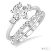 5/8 Ctw Diamond Wedding Set With 1/2 Ctw Baguette & Pear Cut Engagement Ring and 1/10 Ctw Round Cut Diamond Wedding Band in 14K White Gold