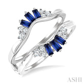 3x1.5 MM&3.2 MM Baguette Cut Sapphire and 1/5 Ctw Round Cut Diamond Curved Center Precious Insert Ring in 14K White Gold