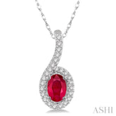 6X4 MM Oval Shape Ruby and 1/8 Ctw Round Cut Diamond Precious Pendant With Chain in 10K White Gold