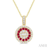1.35 MM Round Shape Ruby and 1/4 Ctw Baguette and Round Cut Diamond Precious Pendant With Chain in 14K Yellow Gold