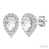 5x3 MM Pear Shape White Topaz and 1/8 Ctw Round Cut Diamond Halo Semi-Precious Stud Earrings in 14K White Gold