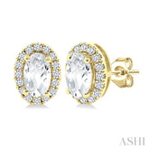 5x3 MM Oval Shape White Topaz and 1/8 Ctw Round Cut Diamond Halo Semi-Precious Stud Earrings in 14K Yellow Gold