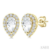 5x3 MM Pear Shape White Topaz and 1/8 Ctw Round Cut Diamond Halo Semi-Precious Stud Earrings in 14K Yellow Gold