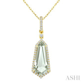 16X7 MM Shield Shape Green Amethyst and 1/5 Ctw Round Cut Diamond Semi-Precious Pendant With Chain in 10K Yellow Gold