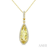 16X6 MM Pear Shape Lemon Quartz and 1/5 Ctw Round Cut Diamond Semi-Precious Pendant With Chain in 10K Yellow Gold