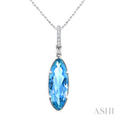 16X6 MM Oval Shape Blue Topaz and 1/20 Ctw Round Cut Diamond Semi-Precious Pendant With Chain in 10K White Gold