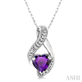 7 MM Heart Shape Amethyst and 1/20 Ctw Round Cut Diamond Semi-Precious Pendant in 14K White Gold with Chain