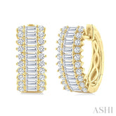1 1/3 Ctw Horizontal Layout Baguette and Round Cut Diamond Fashion Huggie Earrings in 14K Yellow Gold