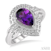 9x6 MM Pear Shape Amethyst and 1/50 Ctw Round Cut Diamond Semi-Precious Ring in Sterling Silver