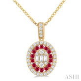 1.35 MM Oval Shape Ruby and 1/4 Ctw Baguette and Round Cut Diamond Precious Pendant With Chain in 14K Yellow Gold