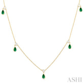 5x3 MM Pear Shape Emerald and 1/4 Ctw Round Cut Diamonds Precious Station Necklace in 14K Yellow Gold