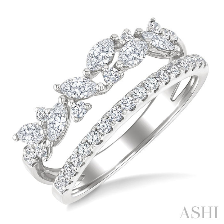 3/4 Ctw Marquise and Round Cut Diamond Split Twin Row Fashion Ring in 14K White Gold