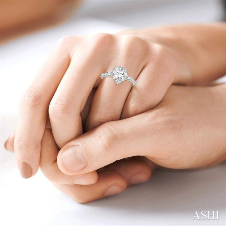 1 Ctw Diamond Engagement Ring with 1/2 Ct Pear cut Center Stone in 14K White Gold