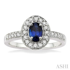6x4 MM Oval Cut Sapphire and 1/4 Ctw Round Cut Diamond Ring in 14K White Gold
