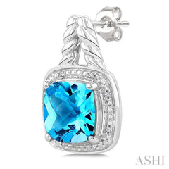 8 MM Cushion Shape Blue Topaz and 1/20 Ctw Round Cut Diamond Semi-Precious Earrings in Sterling Silver