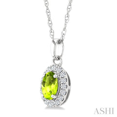 5x3 MM Oval Shape Peridot and 1/20 Ctw Round Cut Diamond Halo Semi-Precious Pendant with Chain in 14K White Gold