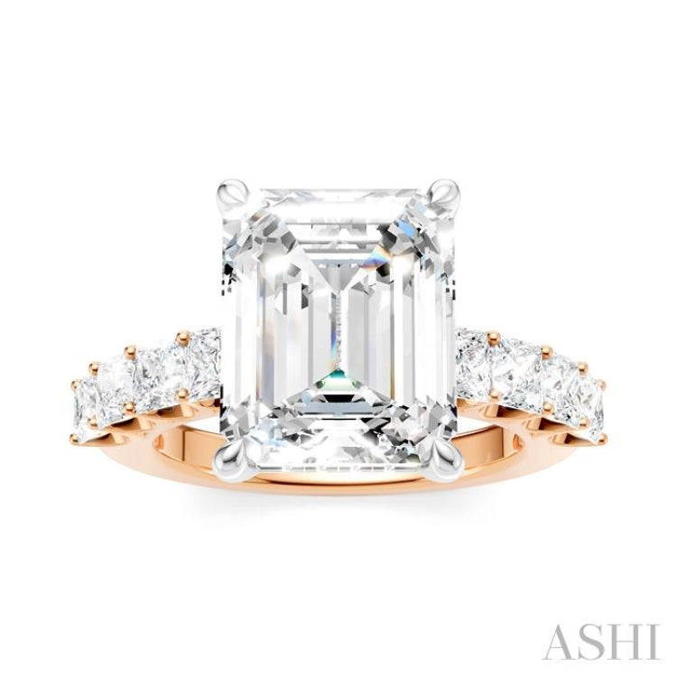 1 1/3 Ctw Emerald Shape Princess and Round Cut Diamond Semi-Mount Engagement Ring in 14K Rose and White Gold
