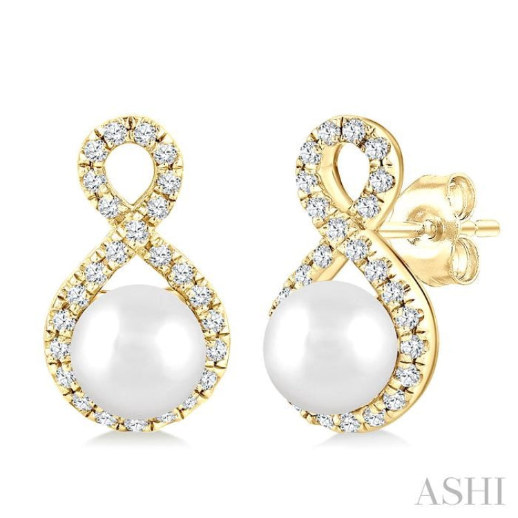 5 MM Cultured Pearls and 1/5 Ctw Round Cut Diamond Petite Earrings 10K Yellow Gold