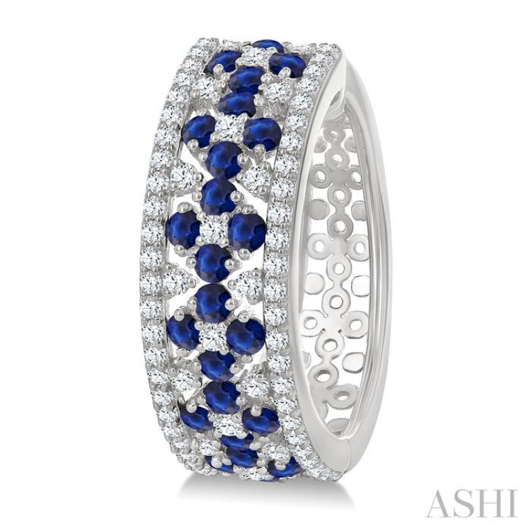 3/4 Ctw Floral Panel 1.80MM Round Cut Sapphire and Round Cut Diamond Precious Hoop Earring in 14K White Gold