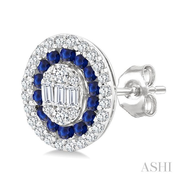 1/3 Ctw Oval Shape 1.35MM Round Cut Sapphire, Baguette and Round Cut Diamond Precious Fusion Fashion Stud Earring in 14K White Gold