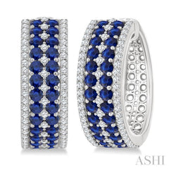 3/4 Ctw 2.00MM Round Cut Sapphire and Round Cut Diamond Precious Hoop Earring in 14K White Gold