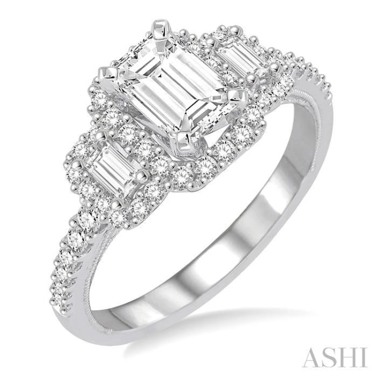 1/2 Ctw Emerald Shape Baguette and Round Cut Diamond Semi-Mount Engagement Ring in 14K White Gold