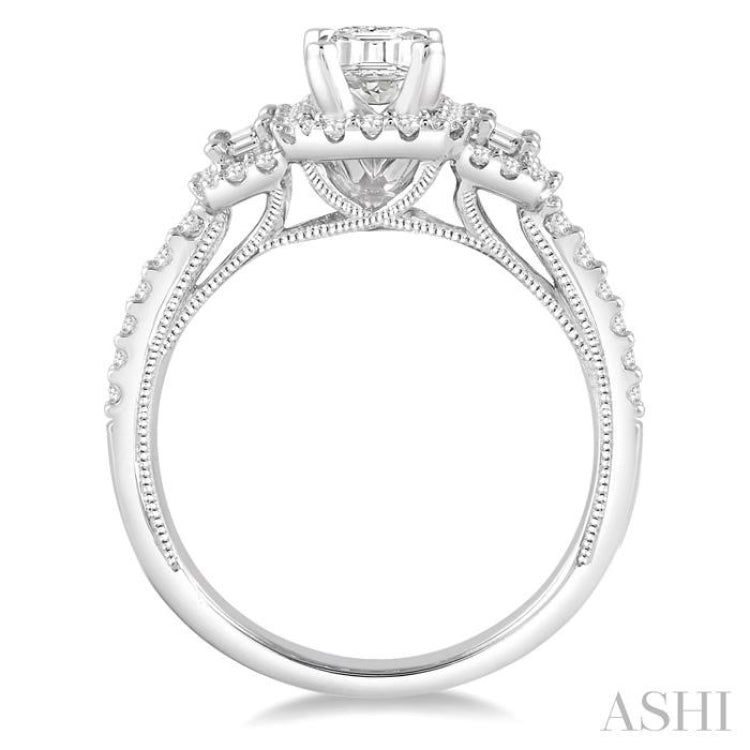 1/2 Ctw Emerald Shape Baguette and Round Cut Diamond Semi-Mount Engagement Ring in 14K White Gold