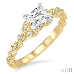 1/2 Ctw Diamond Ladies Engagement Ring with 1/3 Ct Princess Cut Center Stone in 14K Yellow and White Gold