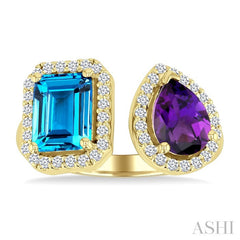8X6 MM Emerald Cut Blue Topaz and Pear Cut Amethyst and 1/3 Ctw Open Toi Et Moi Round Cut Diamond Halo Fashion Ring in 14K Yellow Gold