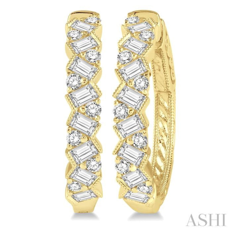 1 Ctw Zigzag Baguette and Round Cut Diamond Hoop Earrings in 14K Yellow Gold