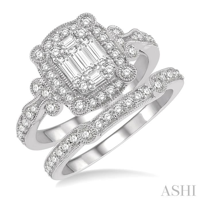 1 Ctw Diamond Wedding Set With 3/4 Ctw Round Cut & Baguette Diamond Engagement Ring and 1/5 Ctw Wedding Band in 14K White Gold