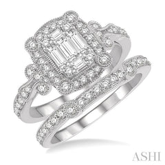 1 Ctw Diamond Wedding Set With 3/4 Ctw Round Cut & Baguette Diamond Engagement Ring and 1/5 Ctw Wedding Band in 14K White Gold