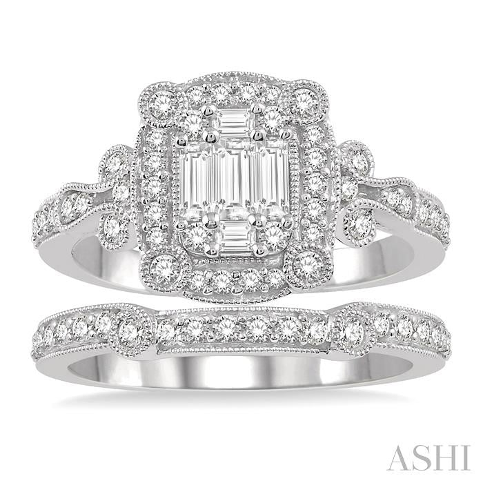 1 Ctw Diamond Wedding Set With 3/4 Ctw Round Cut & Baguette Diamond Engagement Ring and 1/5 Ctw Wedding Band in 14K White Gold