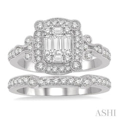 1 Ctw Diamond Wedding Set With 3/4 Ctw Round Cut & Baguette Diamond Engagement Ring and 1/5 Ctw Wedding Band in 14K White Gold