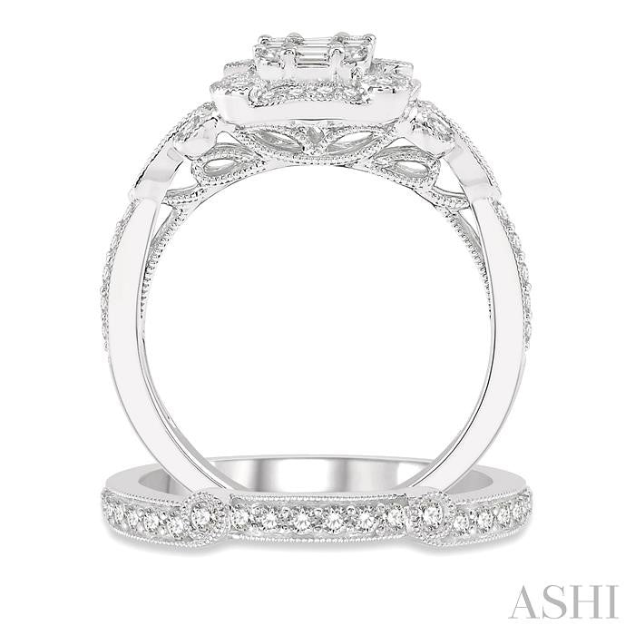 1 Ctw Diamond Wedding Set With 3/4 Ctw Round Cut & Baguette Diamond Engagement Ring and 1/5 Ctw Wedding Band in 14K White Gold