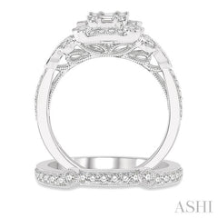 1 Ctw Diamond Wedding Set With 3/4 Ctw Round Cut & Baguette Diamond Engagement Ring and 1/5 Ctw Wedding Band in 14K White Gold