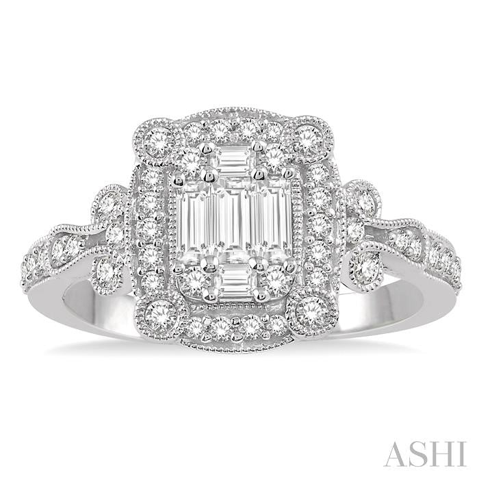 3/4 Ctw Carved Round Cut and Baguette Diamond Ring in 14K White Gold