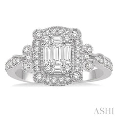 3/4 Ctw Carved Round Cut and Baguette Diamond Ring in 14K White Gold