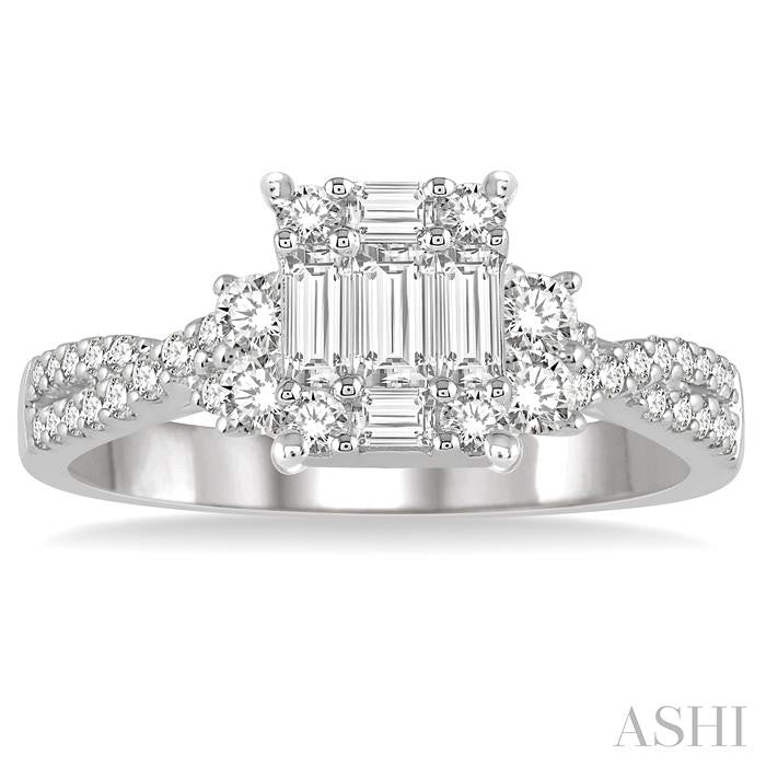 3/4 Ctw Split Criss Cross Shank Fusion Baguette and Round Cut Diamond Engagement Ring in 14K White Gold