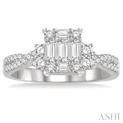 3/4 Ctw Split Criss Cross Shank Fusion Baguette and Round Cut Diamond Engagement Ring in 14K White Gold