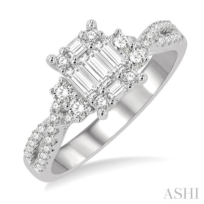 3/4 Ctw Split Criss Cross Shank Fusion Baguette and Round Cut Diamond Engagement Ring in 14K White Gold