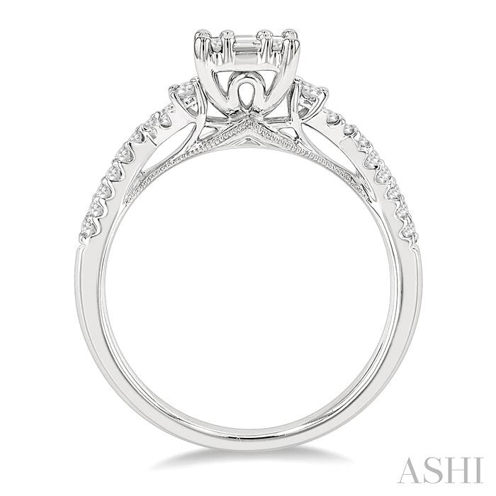 3/4 Ctw Split Criss Cross Shank Fusion Baguette and Round Cut Diamond Engagement Ring in 14K White Gold