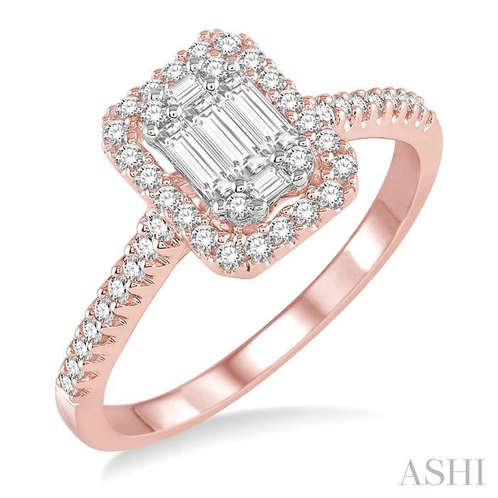 5/8 Ctw Emerald Shape Baguette and Round Cut Diamond Ring in 14K Rose and White Gold
