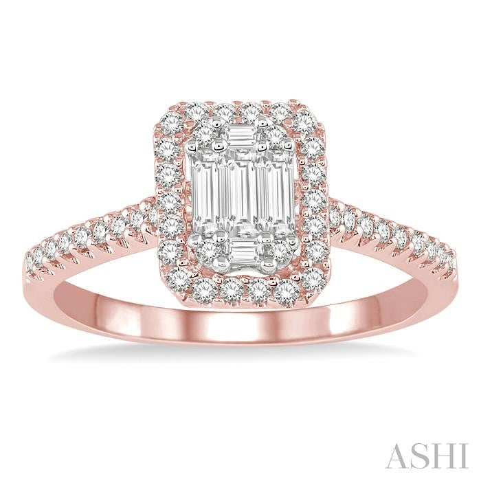 5/8 Ctw Emerald Shape Baguette and Round Cut Diamond Ring in 14K Rose and White Gold