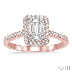 5/8 Ctw Emerald Shape Baguette and Round Cut Diamond Ring in 14K Rose and White Gold