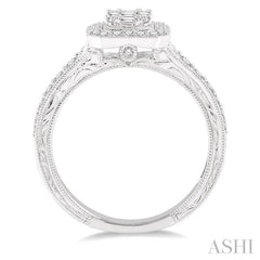 5/8 Ctw Octagonal Shape Round Cut and Baguette Diamond Ring in 14K White Gold